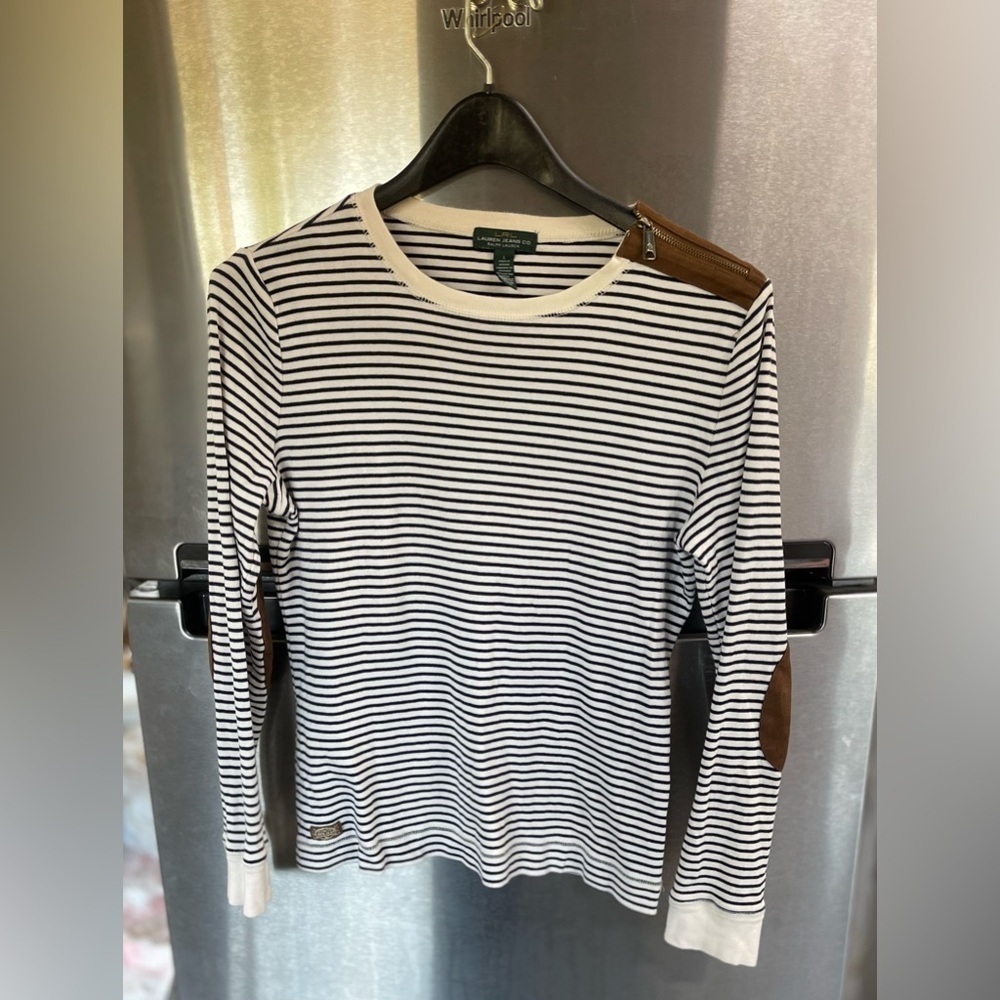 Vintage RALPH LAUREN women’s Sz L shirt striped white w/suede LEATHER patch